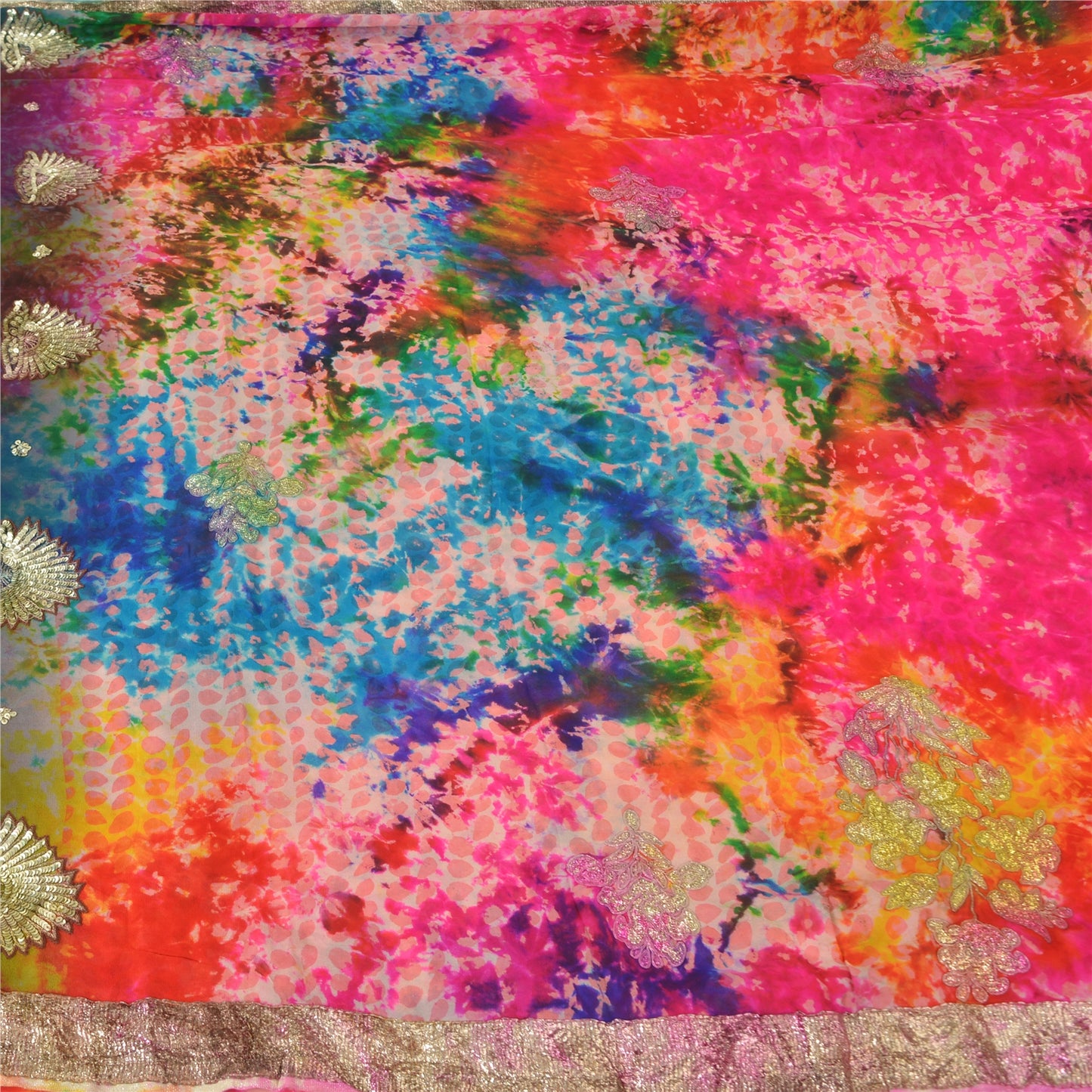 Sanskriti Vintage Bollywood Sarees Pure Georgette Beaded Tie-Dye Sari 5+ydFabric