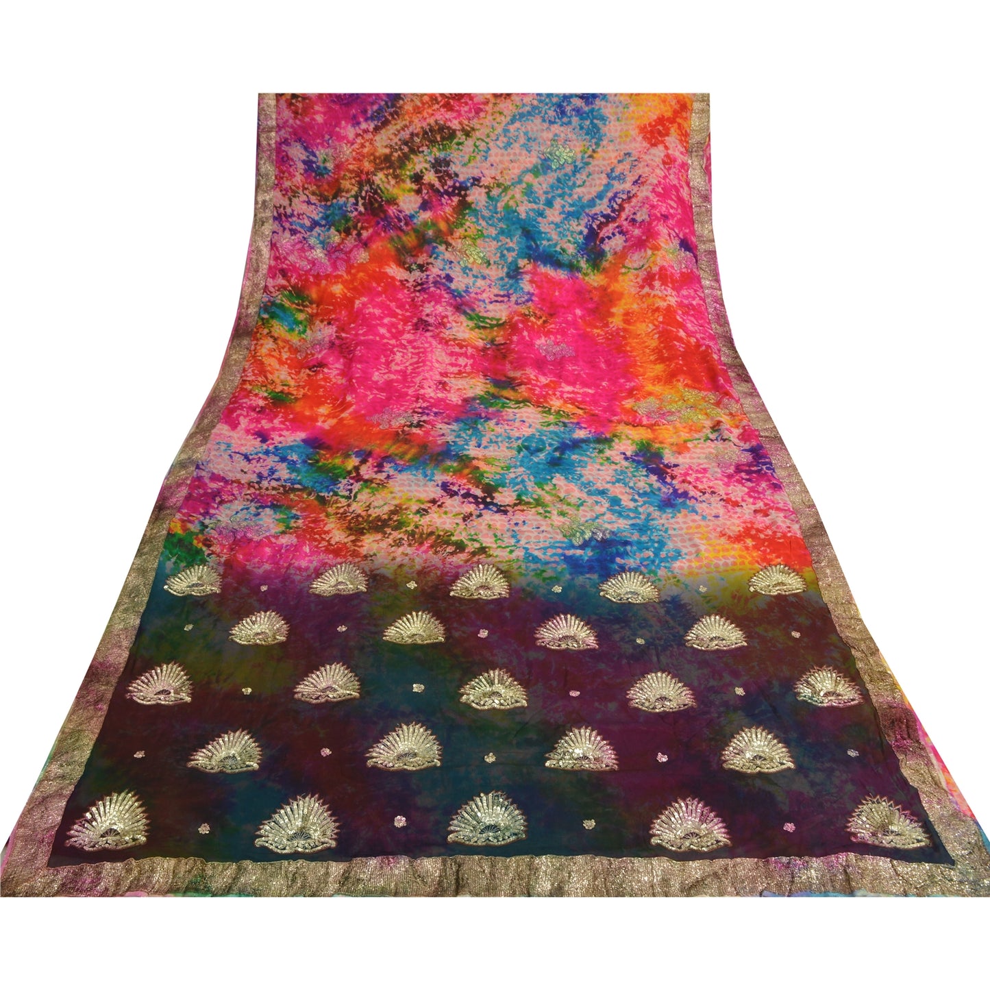 Sanskriti Vintage Bollywood Sarees Pure Georgette Beaded Tie-Dye Sari 5+ydFabric