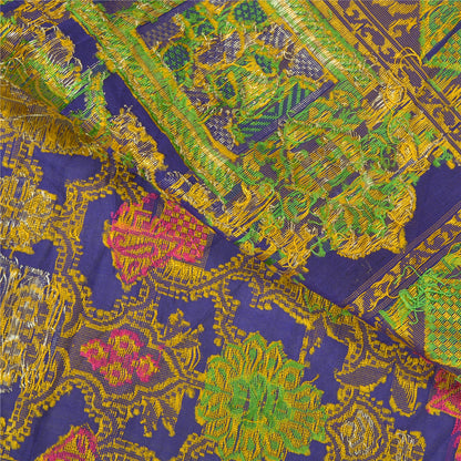 Sanskriti Vintage Blue Sarees Banarasi Pure Silk Woven Tanchoi Sari 5+YD Fabric