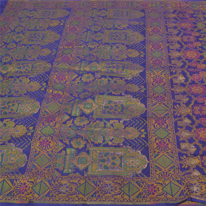 Sanskriti Vintage Blue Sarees Banarasi Pure Silk Woven Tanchoi Sari 5+YD Fabric