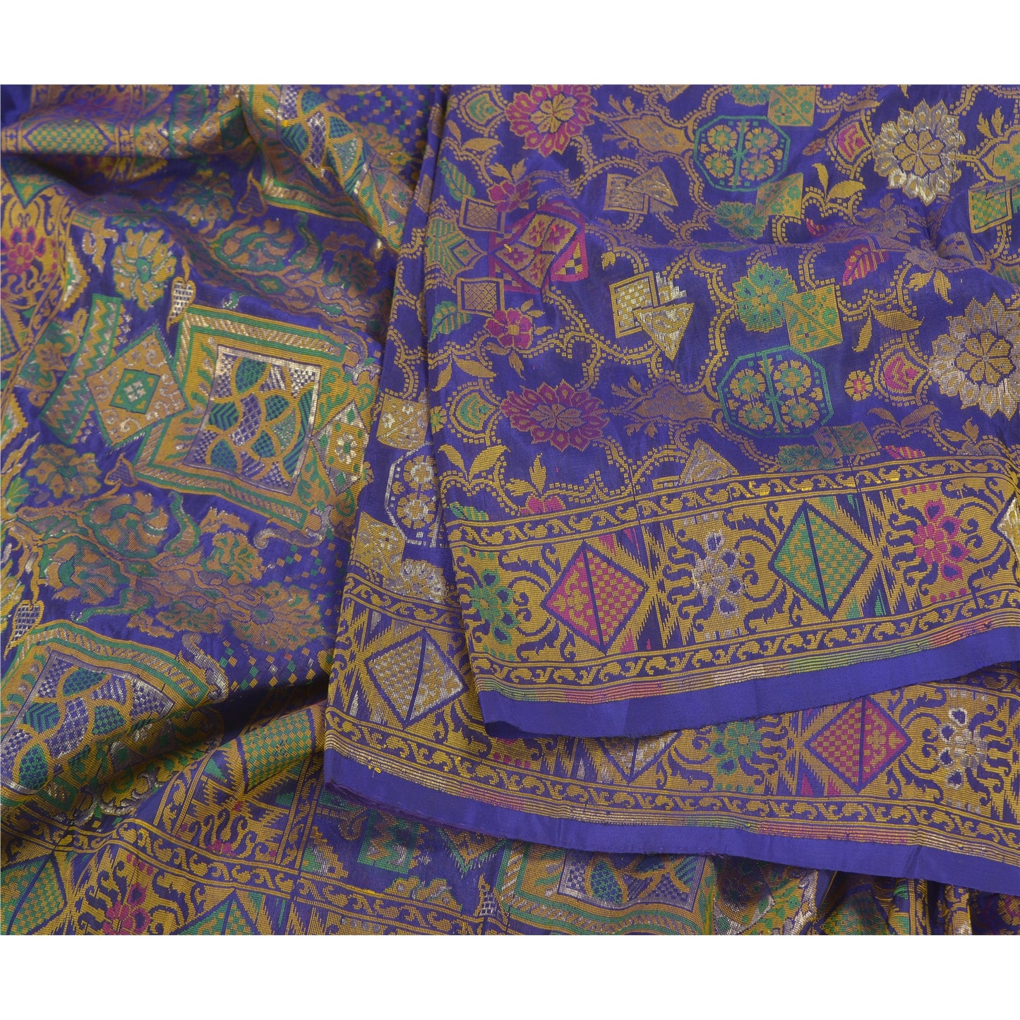 Sanskriti Vintage Blue Sarees Banarasi Pure Silk Woven Tanchoi Sari 5+YD Fabric