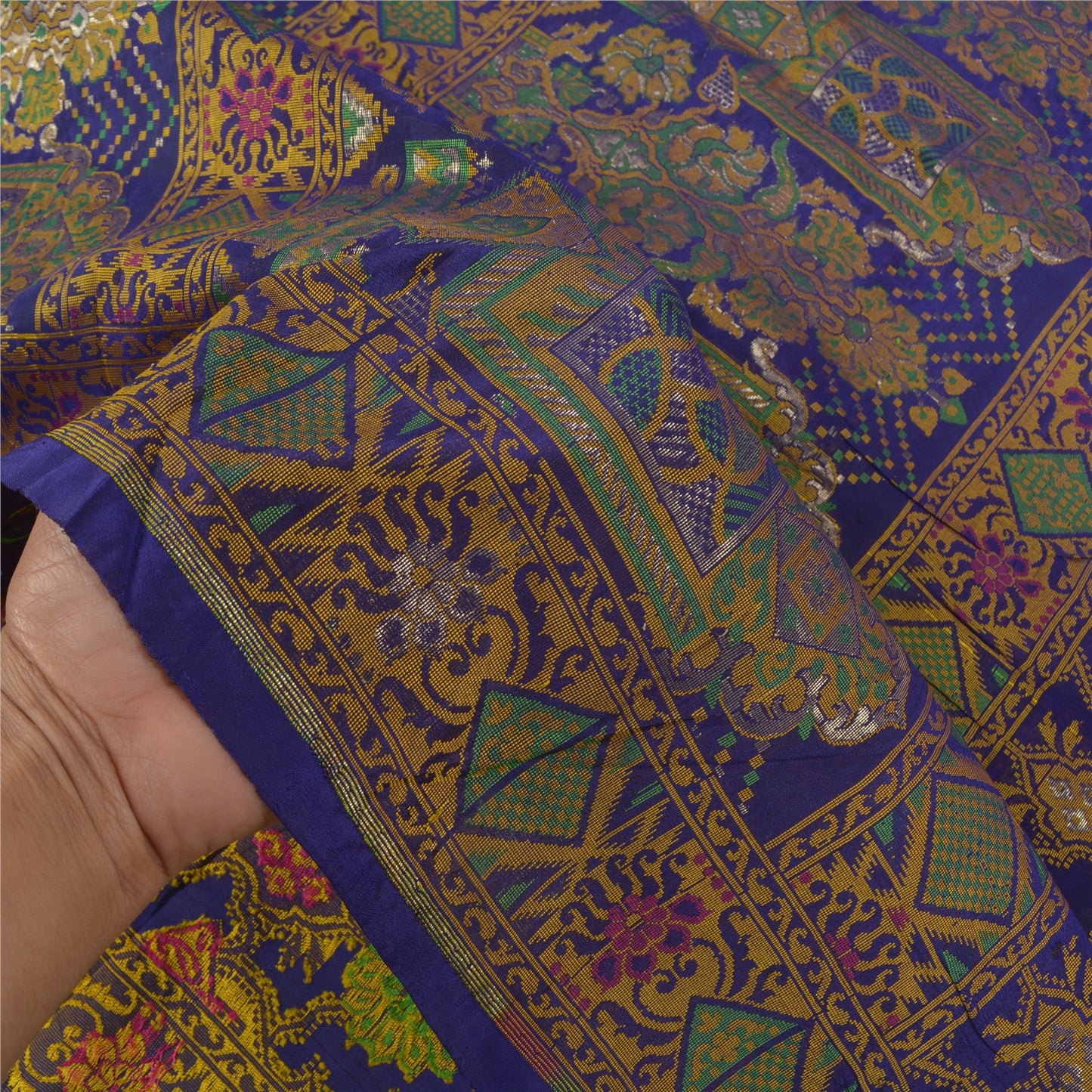 Sanskriti Vintage Blue Sarees Banarasi Pure Silk Woven Tanchoi Sari 5+YD Fabric