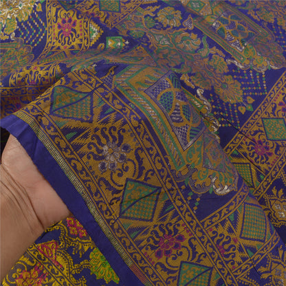 Sanskriti Vintage Blue Sarees Banarasi Pure Silk Woven Tanchoi Sari 5+YD Fabric