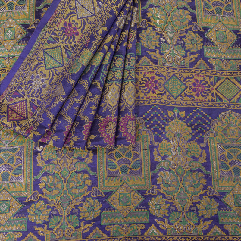 Sanskriti Vintage Saree Blue 100% Pure Silk Hand Woven Banarasi Tanchoi Sari 5+Yd Fabric Crafting, Upcycling, Recycling, Dress Making,