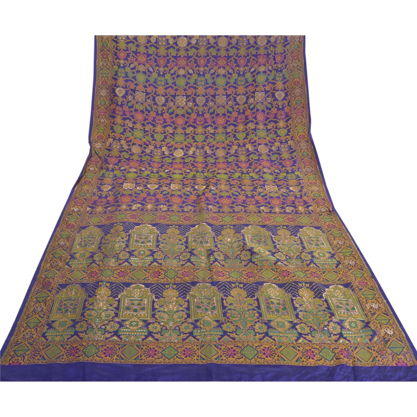 Sanskriti Vintage Blue Sarees Banarasi Pure Silk Woven Tanchoi Sari 5+YD Fabric