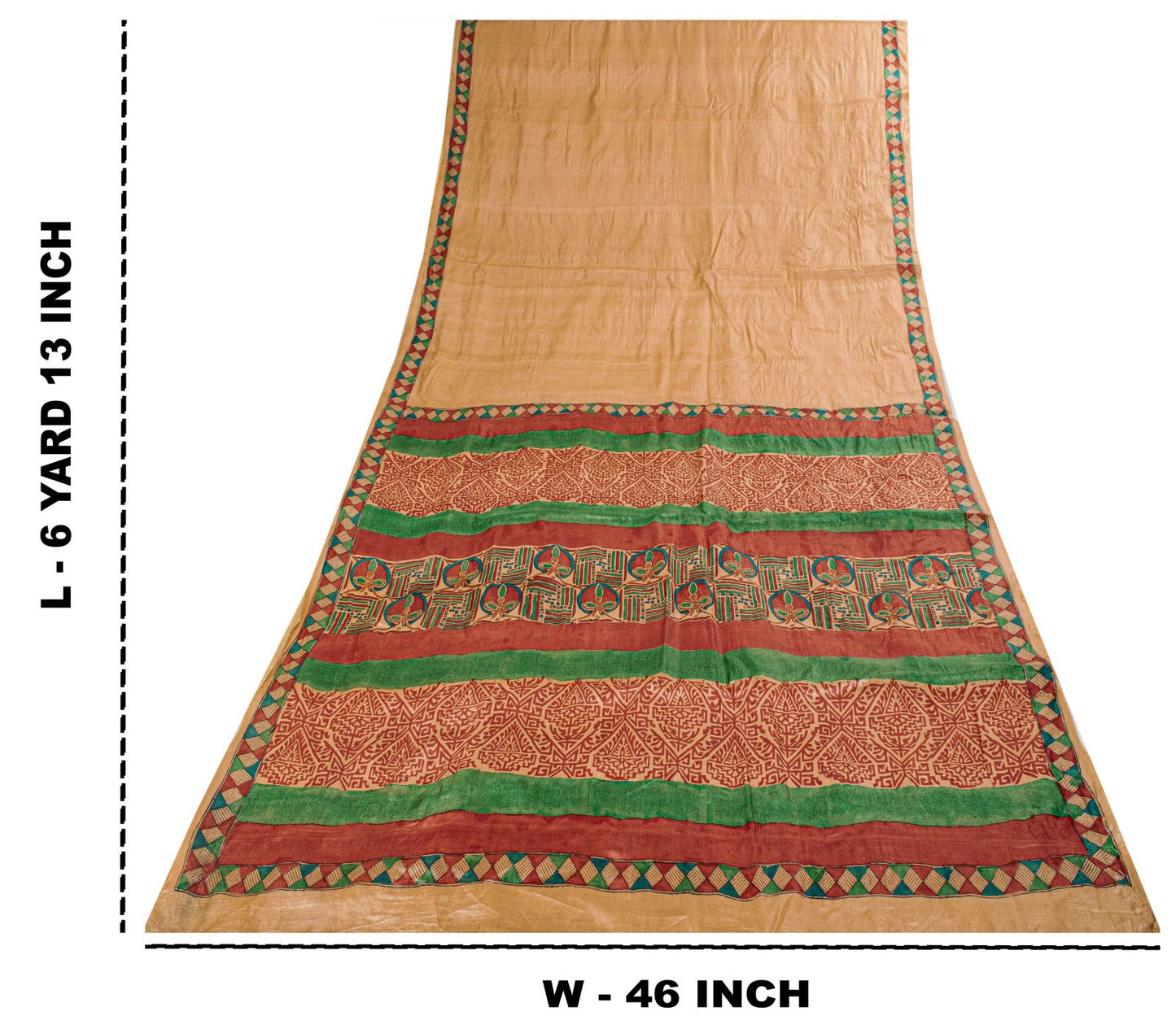 Sanskriti Vintage Beige Pure Silk Heavy Saree Geometric Print Sari 6+Yard Fabric