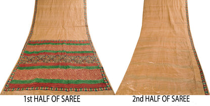Sanskriti Vintage Beige Pure Silk Heavy Saree Geometric Print Sari 6+Yard Fabric