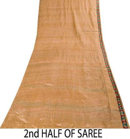Sanskriti Vintage Beige Pure Silk Heavy Saree Geometric Print Sari 6+Yard Fabric