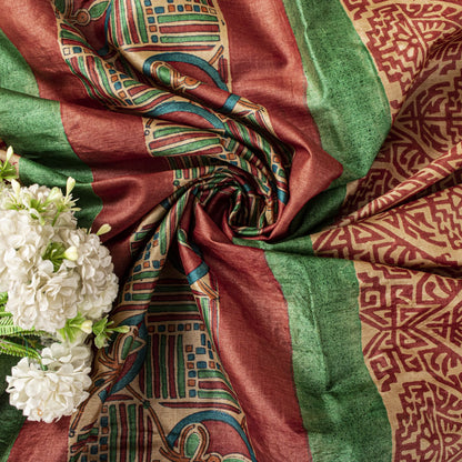 Sanskriti Vintage Beige Pure Silk Heavy Saree Geometric Print Sari 6+Yard Fabric