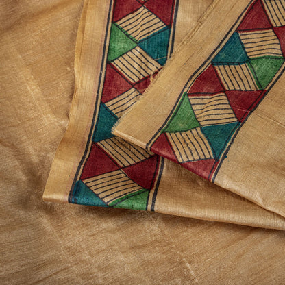 Sanskriti Vintage Beige Pure Silk Heavy Saree Geometric Print Sari 6+Yard Fabric