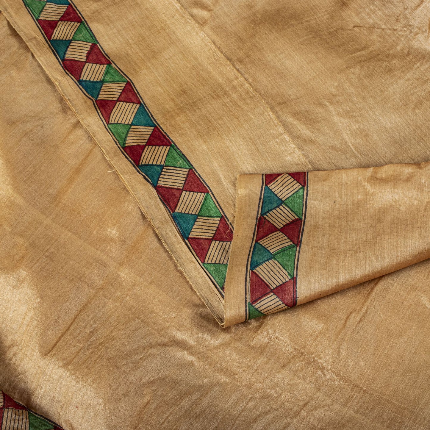 Sanskriti Vintage Beige Pure Silk Heavy Saree Geometric Print Sari 6+Yard Fabric