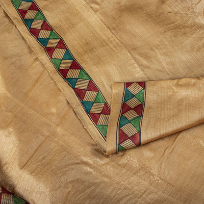 Sanskriti Vintage Beige Pure Silk Heavy Saree Geometric Print Sari 6+Yard Fabric