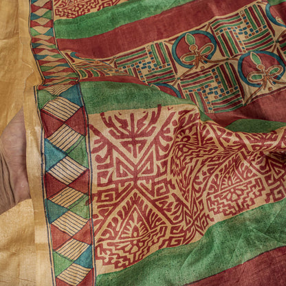 Sanskriti Vintage Beige Pure Silk Heavy Saree Geometric Print Sari 6+Yard Fabric