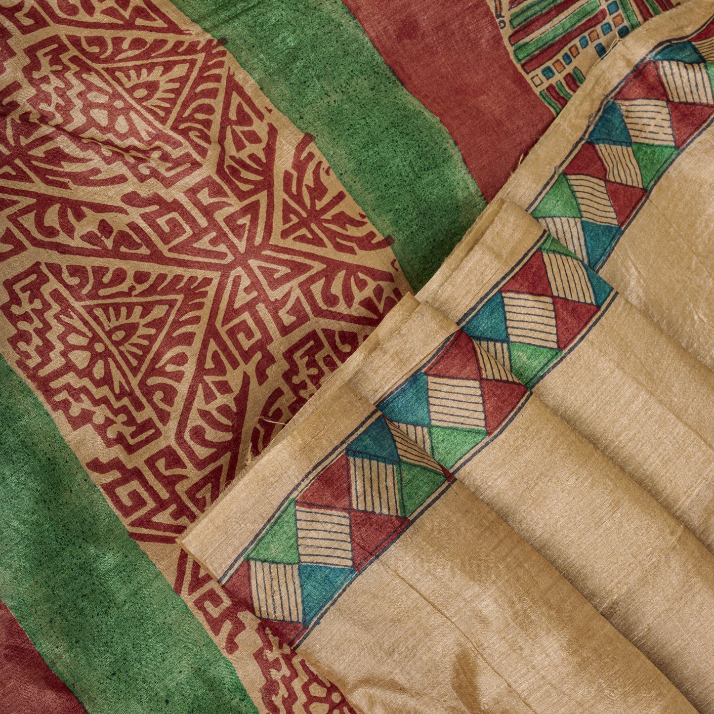Sanskriti Vintage Beige Pure Silk Heavy Saree Geometric Print Sari 6+Yard Fabric