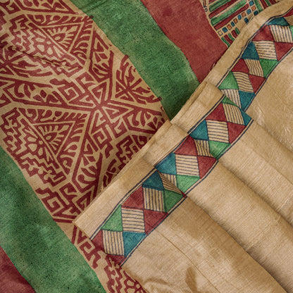 Sanskriti Vintage Beige Pure Silk Heavy Saree Geometric Print Sari 6+Yard Fabric
