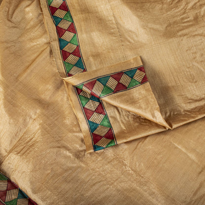 Sanskriti Vintage Beige Pure Silk Heavy Saree Geometric Print Sari 6+Yard Fabric