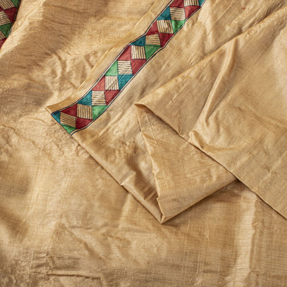 Sanskriti Vintage Beige Pure Silk Heavy Saree Geometric Print Sari 6+Yard Fabric
