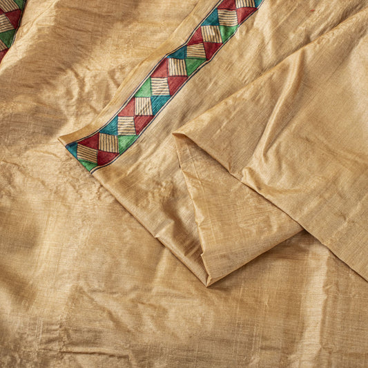 Sanskriti Vintage Beige Pure Silk Heavy Saree Geometric Print Sari 6+Yard Fabric