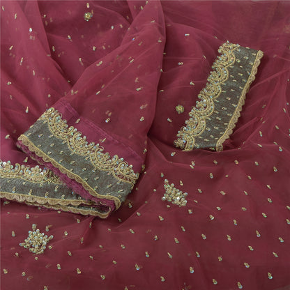 Sanskriti Vintage Pink Sarees Net Mesh Hand Beaded Zardozi Sari 5yd Craft Fabric