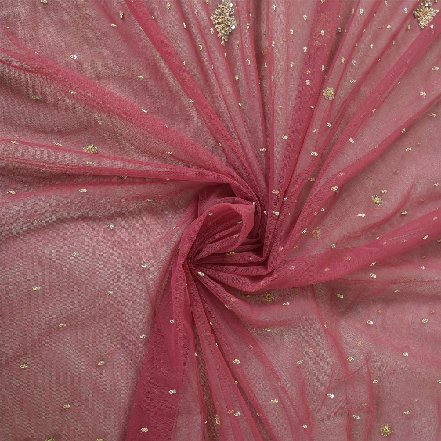 Sanskriti Vintage Pink Sarees Net Mesh Hand Beaded Zardozi Sari 5yd Craft Fabric