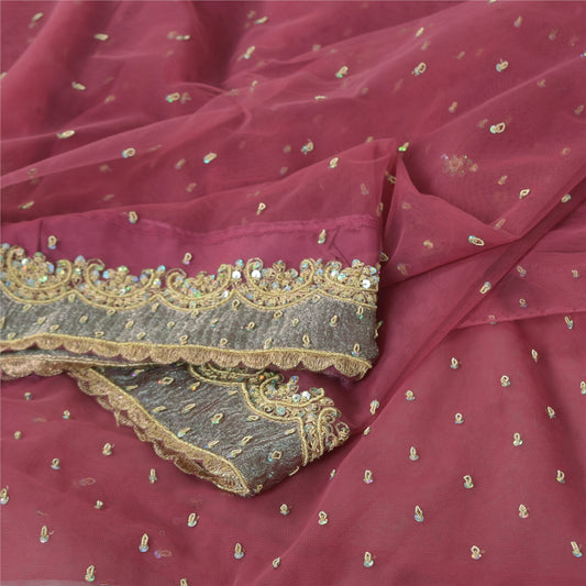 Sanskriti Vintage Pink Sarees Net Mesh Hand Beaded Zardozi Sari 5yd Craft Fabric