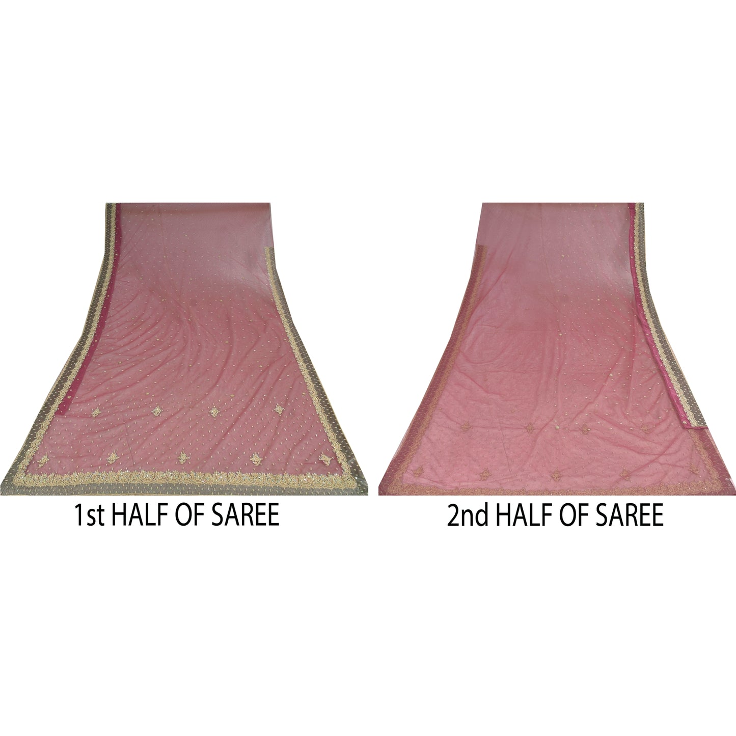 Sanskriti Vintage Pink Sarees Net Mesh Hand Beaded Zardozi Sari 5yd Craft Fabric