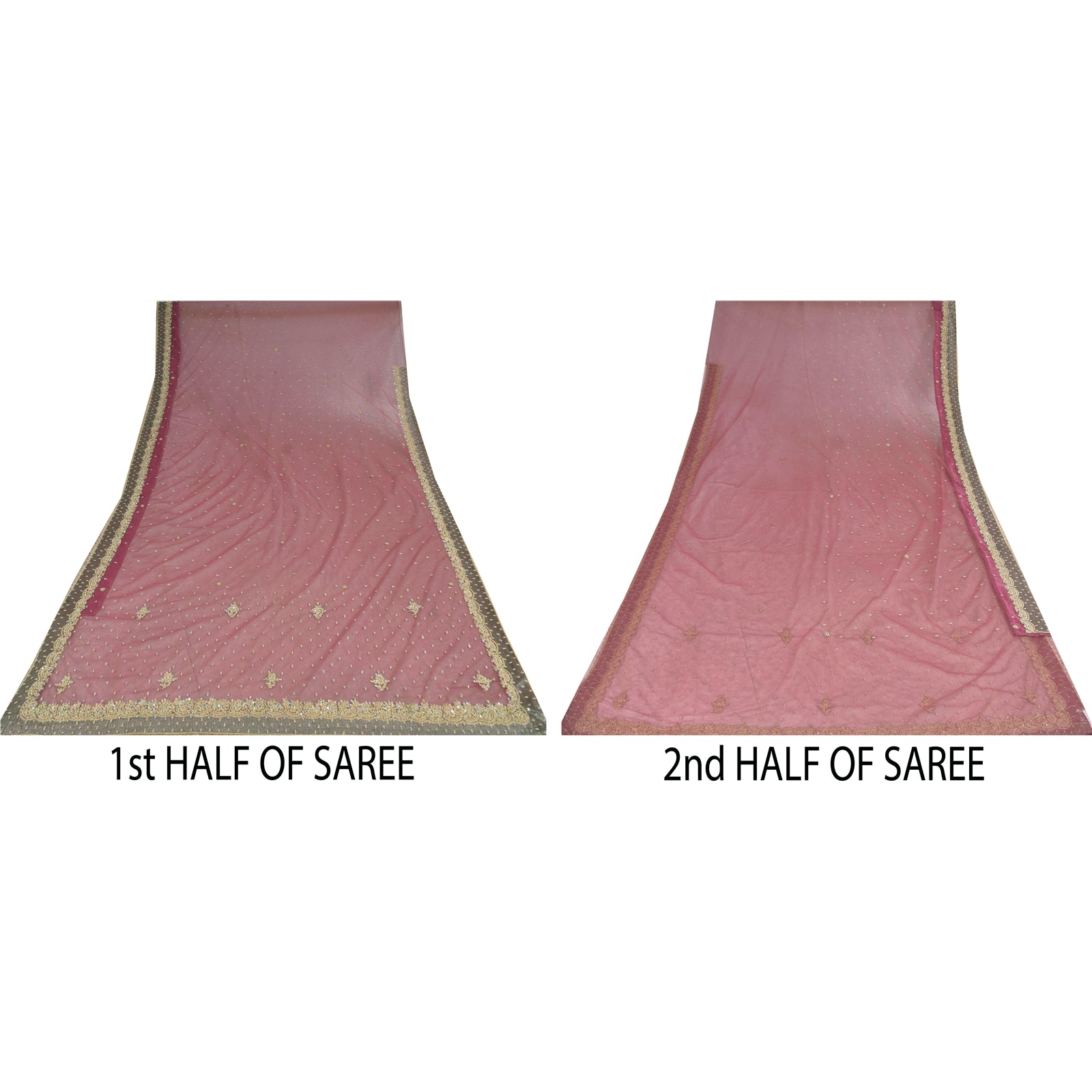 Sanskriti Vintage Pink Sarees Net Mesh Hand Beaded Zardozi Sari 5yd Craft Fabric