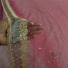 Sanskriti Vintage Pink Sarees Net Mesh Hand Beaded Zardozi Sari 5yd Craft Fabric