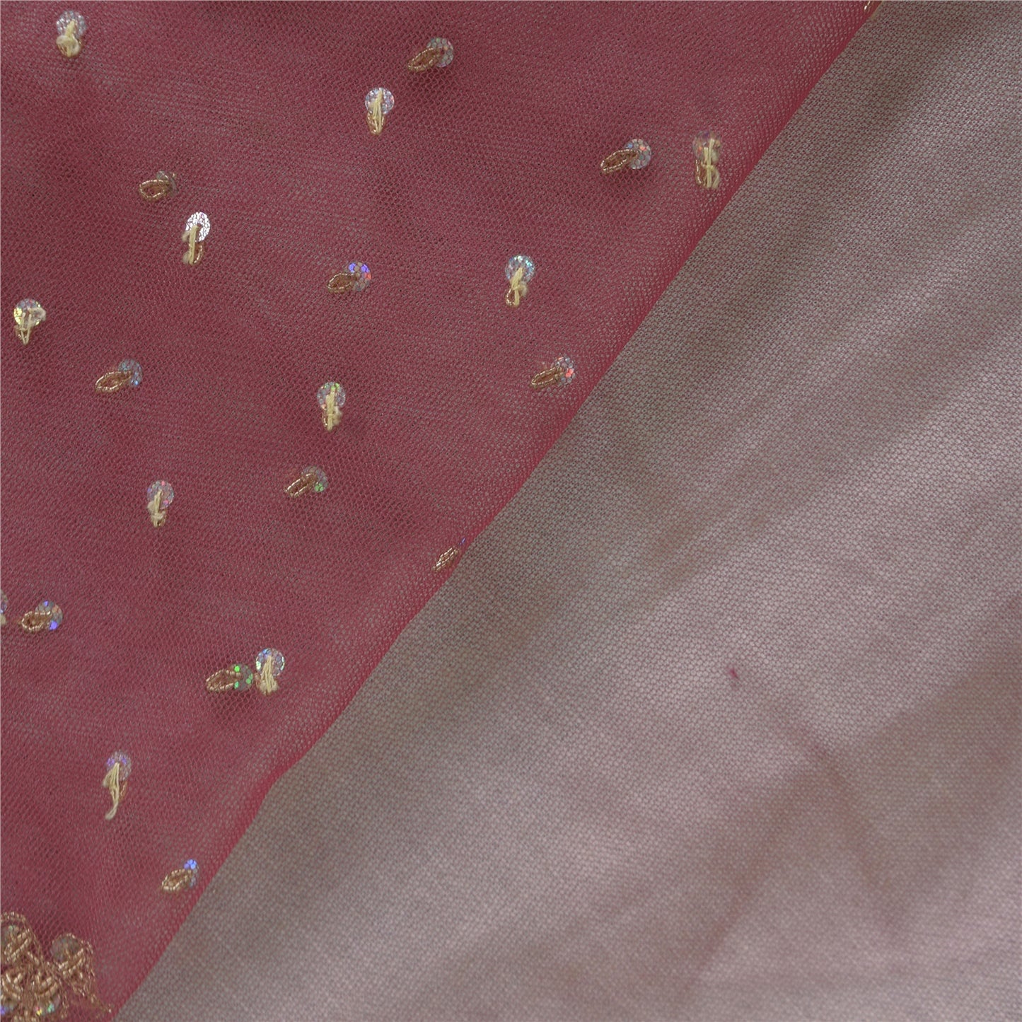 Sanskriti Vintage Pink Sarees Net Mesh Hand Beaded Zardozi Sari 5yd Craft Fabric