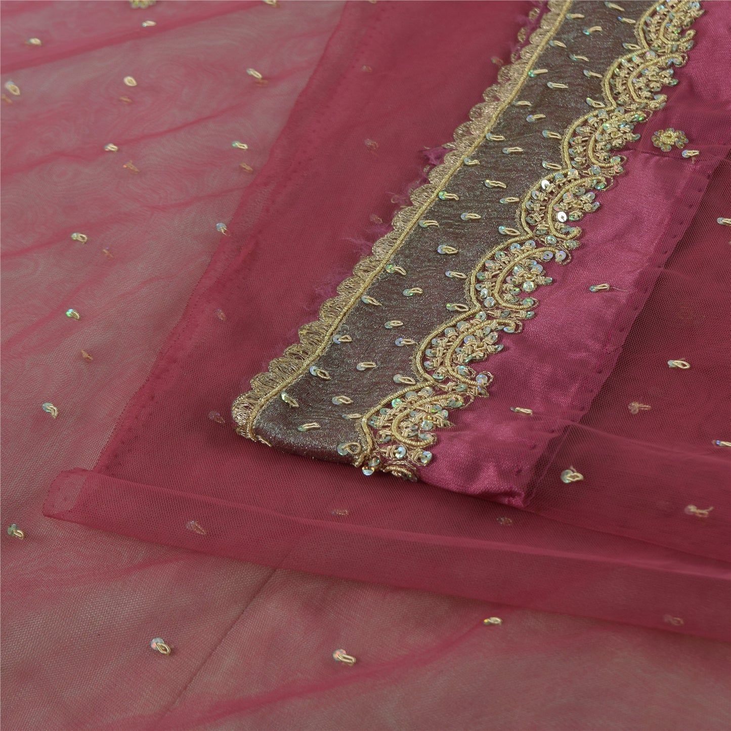 Sanskriti Vintage Pink Sarees Net Mesh Hand Beaded Zardozi Sari 5yd Craft Fabric