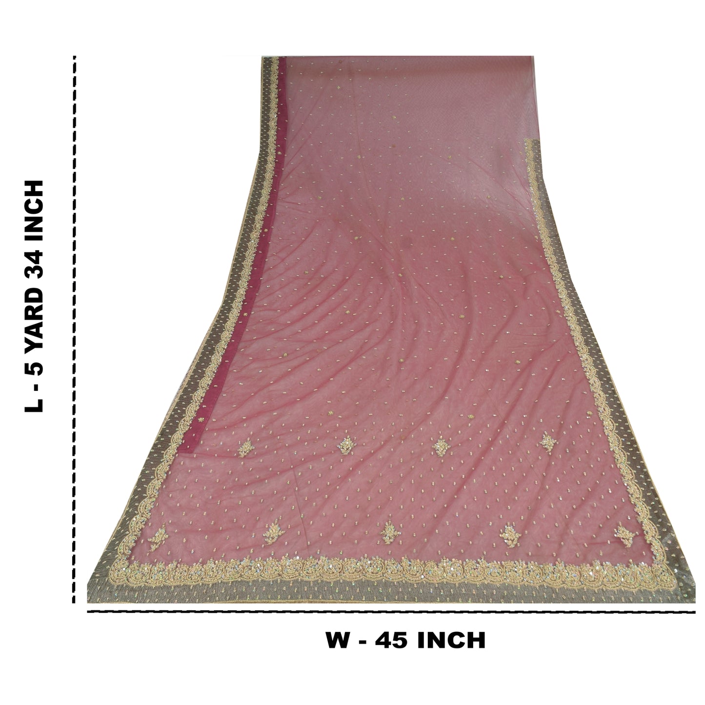 Sanskriti Vintage Pink Sarees Net Mesh Hand Beaded Zardozi Sari 5yd Craft Fabric