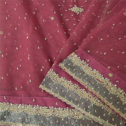 Sanskriti Vintage Pink Sarees Net Mesh Hand Beaded Zardozi Sari 5yd Craft Fabric