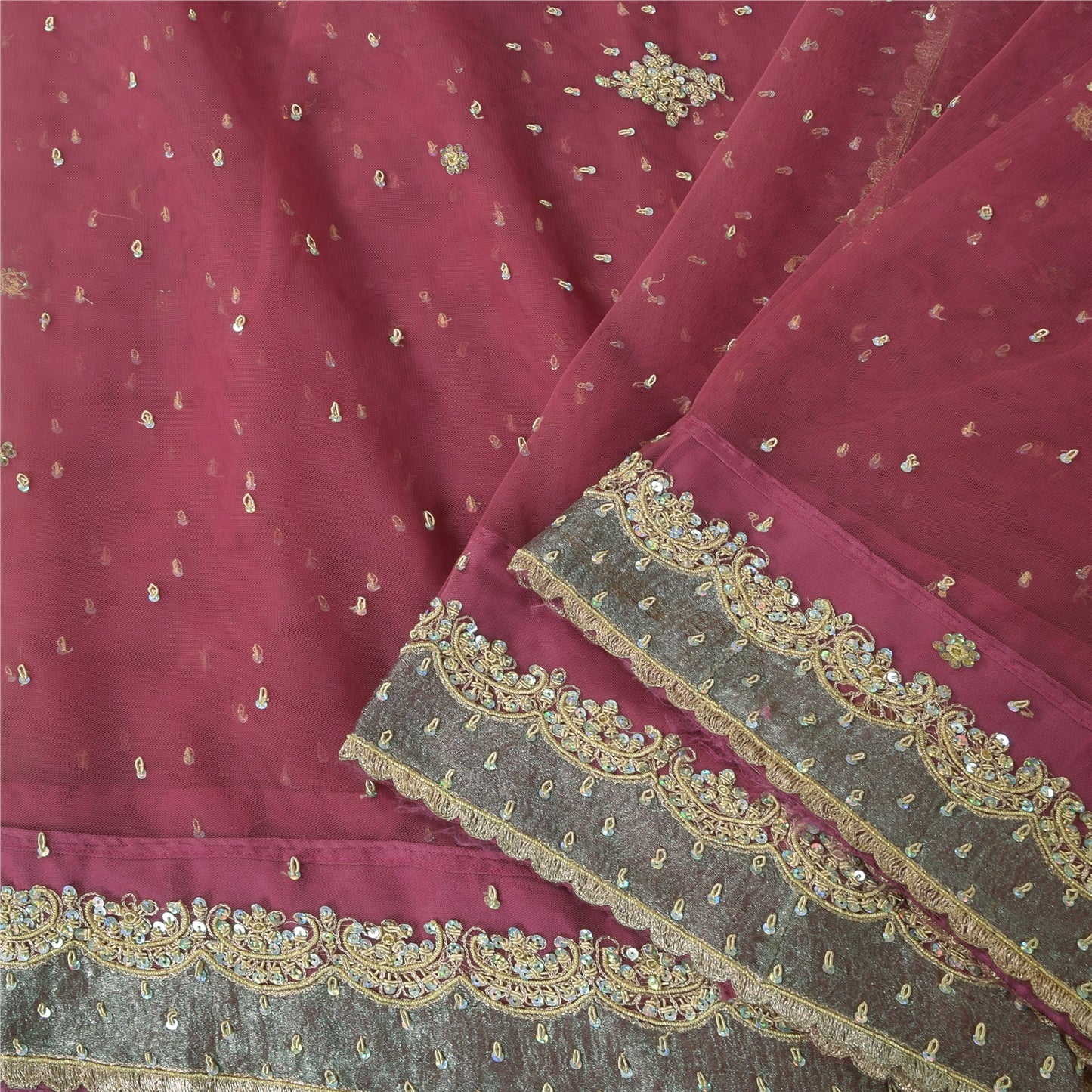 Sanskriti Vintage Pink Sarees Net Mesh Hand Beaded Zardozi Sari 5yd Craft Fabric