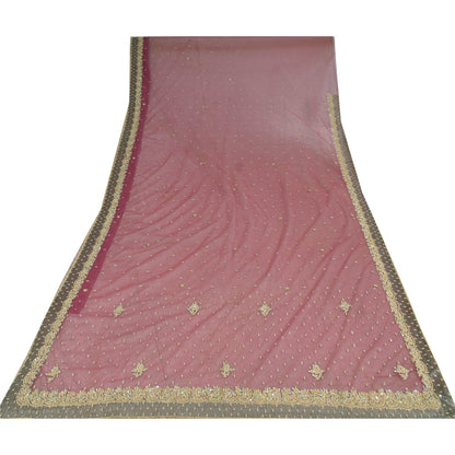 Sanskriti Vintage Pink Sarees Net Mesh Hand Beaded Zardozi Sari 5yd Craft Fabric