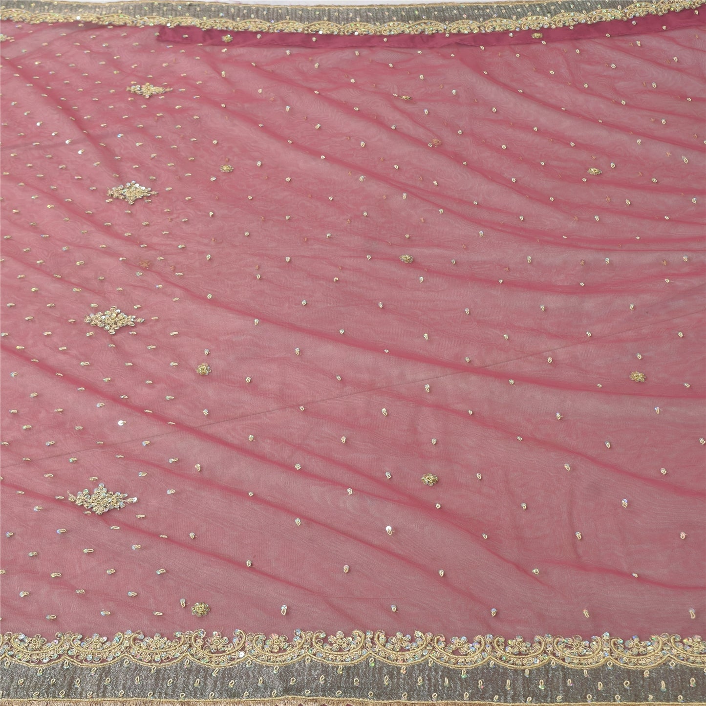Sanskriti Vintage Pink Sarees Net Mesh Hand Beaded Zardozi Sari 5yd Craft Fabric