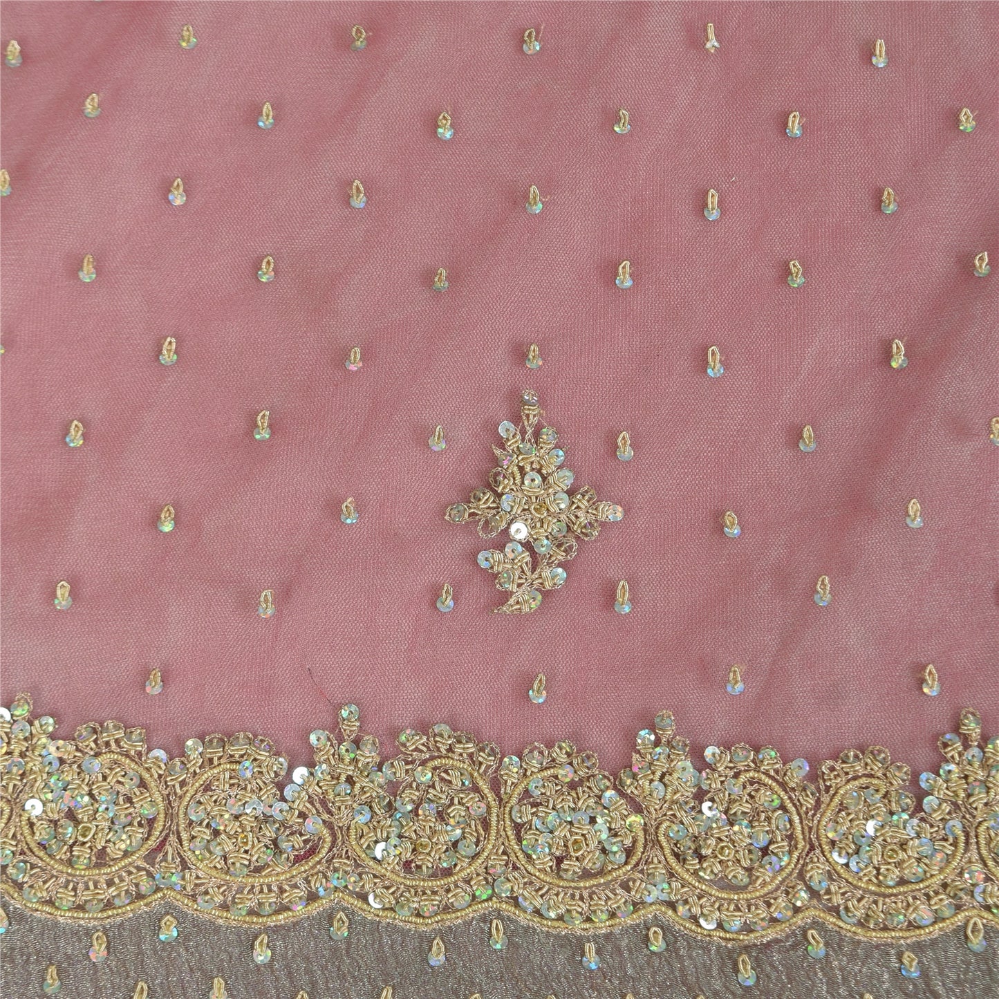 Sanskriti Vintage Pink Sarees Net Mesh Hand Beaded Zardozi Sari 5yd Craft Fabric