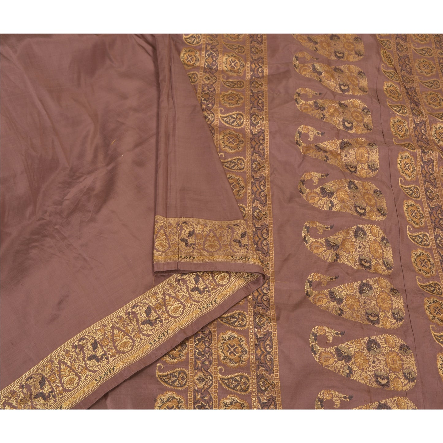Sanskriti Vintage Indian Brown Sarees 100% Pure Silk Woven Sari 5 Yard Fabric