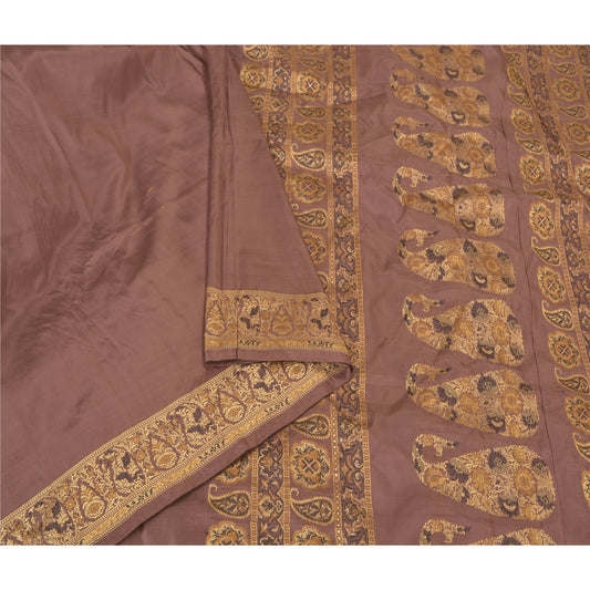 Sanskriti Vintage Indian Brown Sarees 100% Pure Silk Woven Sari 5 Yard Fabric
