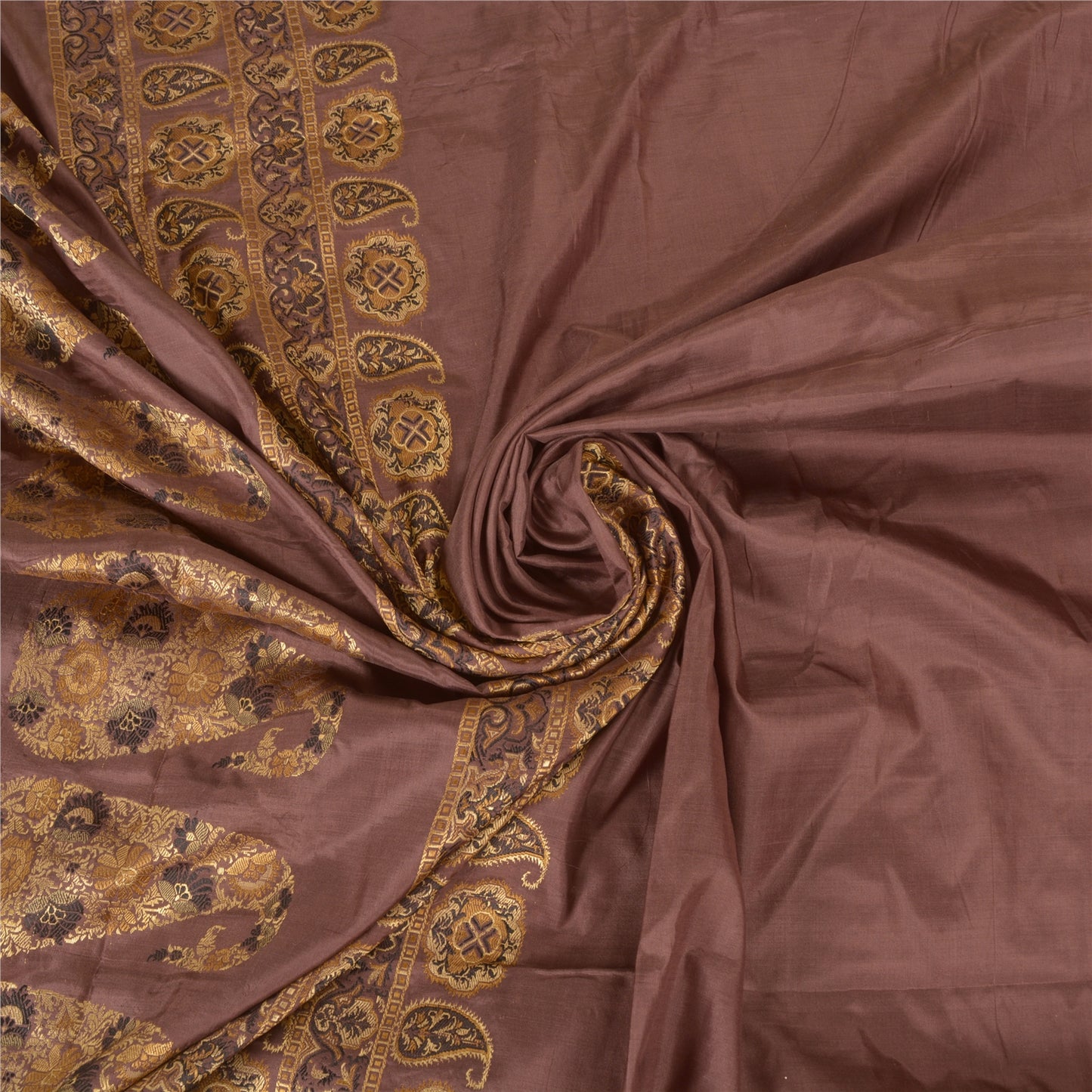 Sanskriti Vintage Indian Brown Sarees 100% Pure Silk Woven Sari 5 Yard Fabric