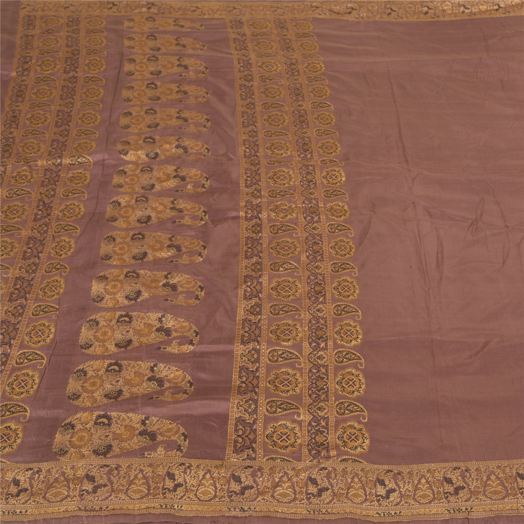 Sanskriti Vintage Indian Brown Sarees 100% Pure Silk Woven Sari 5 Yard Fabric