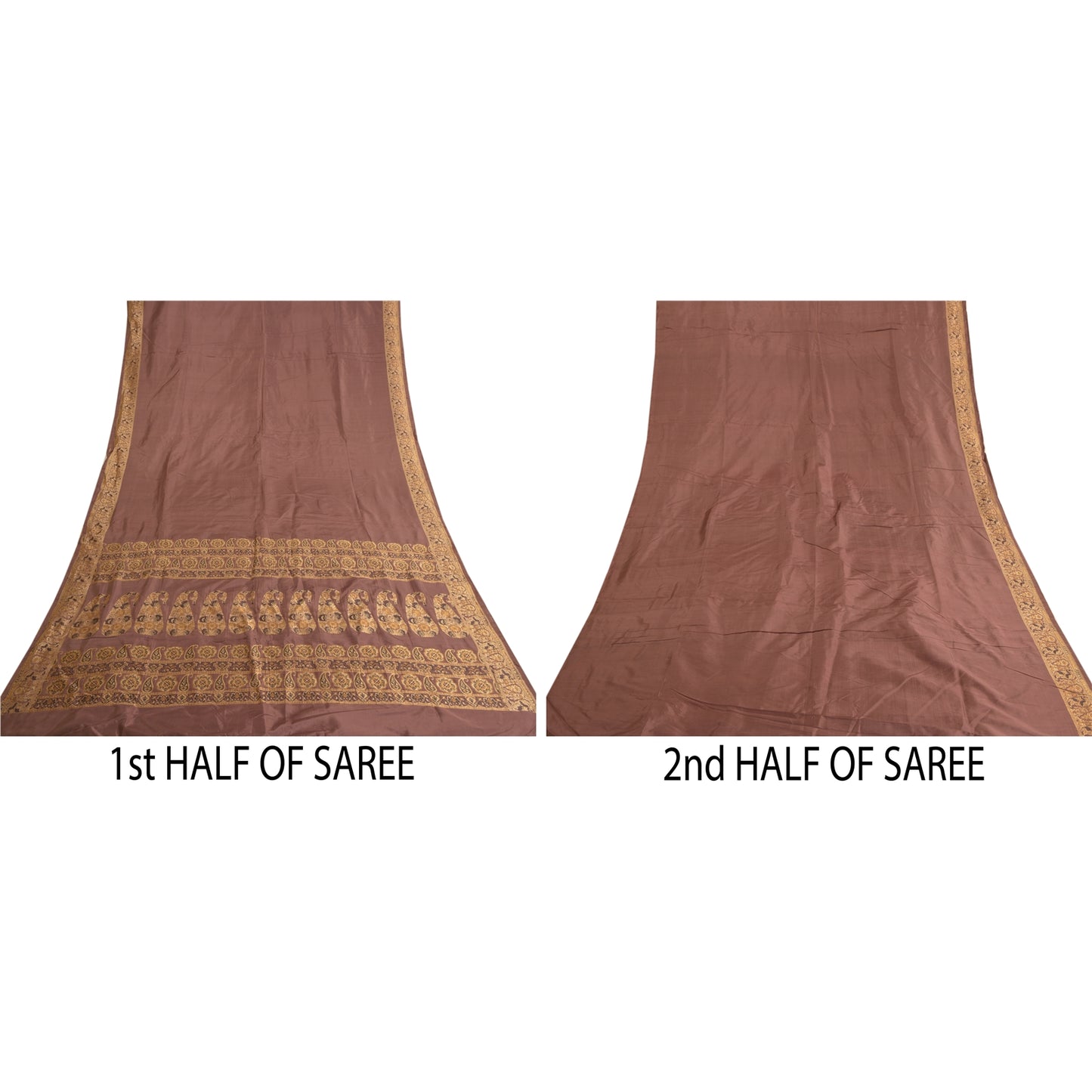 Sanskriti Vintage Indian Brown Sarees 100% Pure Silk Woven Sari 5 Yard Fabric