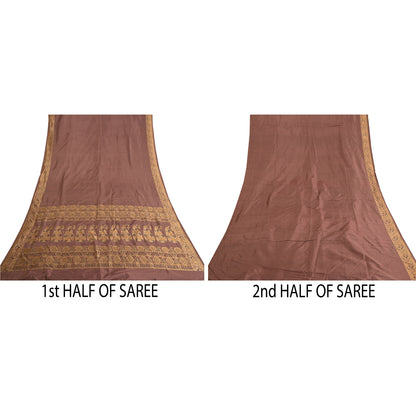 Sanskriti Vintage Indian Brown Sarees 100% Pure Silk Woven Sari 5 Yard Fabric