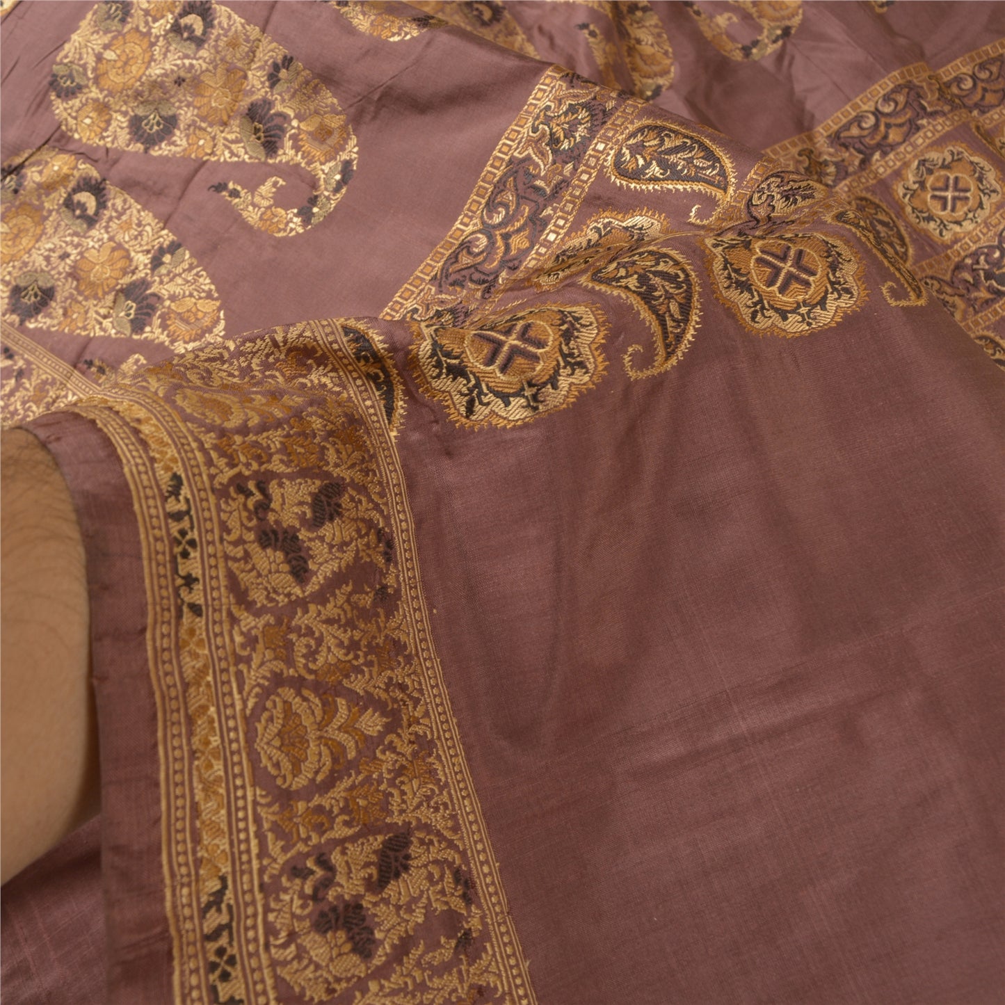 Sanskriti Vintage Indian Brown Sarees 100% Pure Silk Woven Sari 5 Yard Fabric