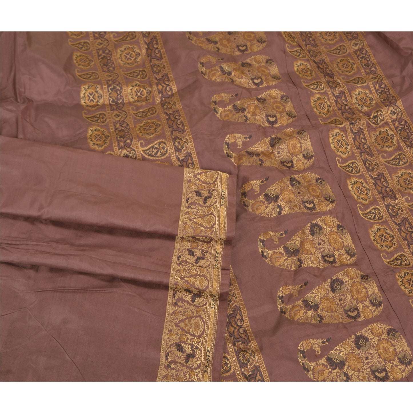 Sanskriti Vintage Indian Brown Sarees 100% Pure Silk Woven Sari 5 Yard Fabric