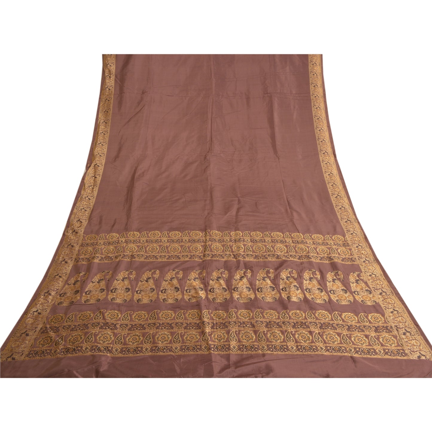 Sanskriti Vintage Indian Brown Sarees 100% Pure Silk Woven Sari 5 Yard Fabric