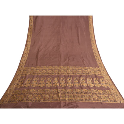 Sanskriti Vintage Indian Brown Sarees 100% Pure Silk Woven Sari 5 Yard Fabric