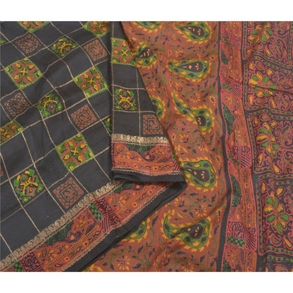 Sanskriti Vintage Black Heavy Indian Sarees Pure Silk Printed Woven Sari Fabric
