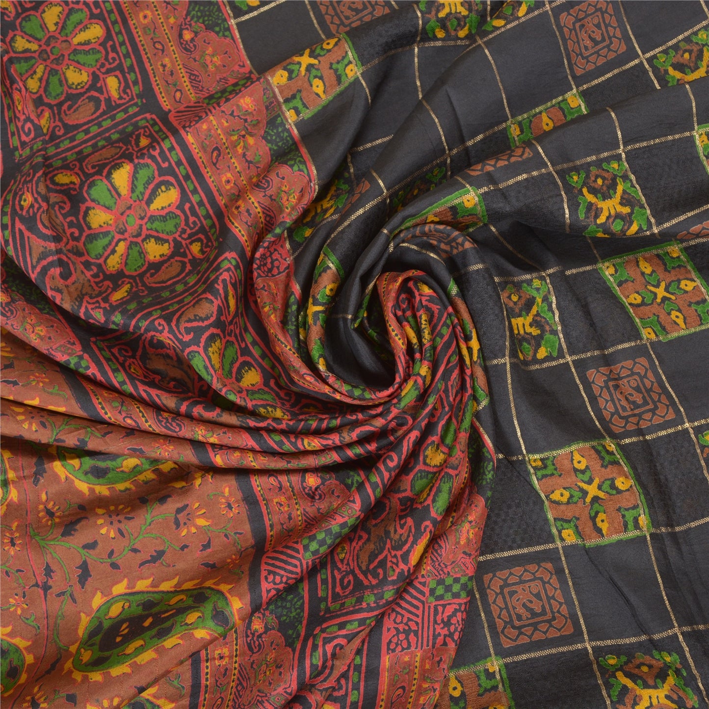 Sanskriti Vintage Black Heavy Indian Sarees Pure Silk Printed Woven Sari Fabric