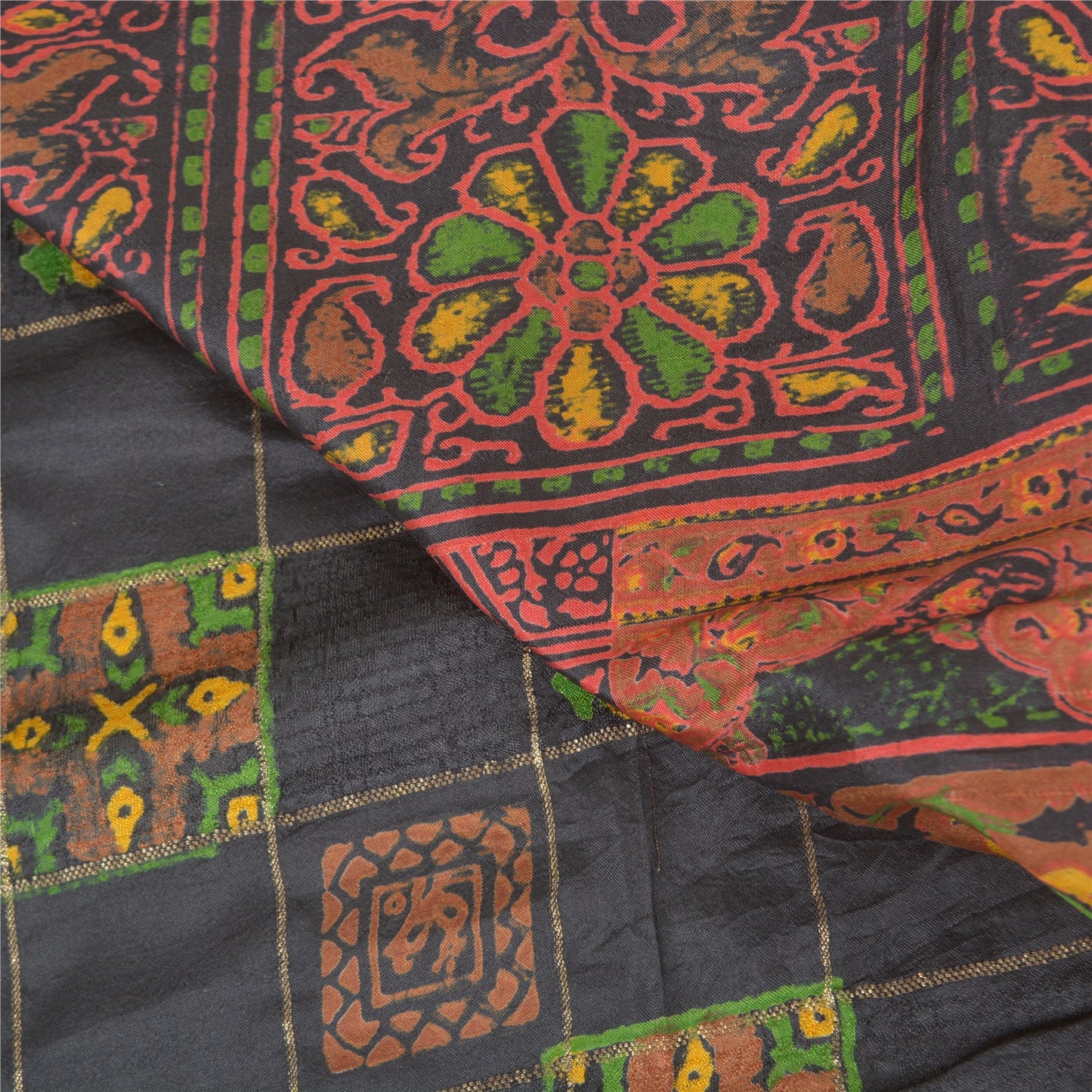 Sanskriti Vintage Black Heavy Indian Sarees Pure Silk Printed Woven Sari Fabric