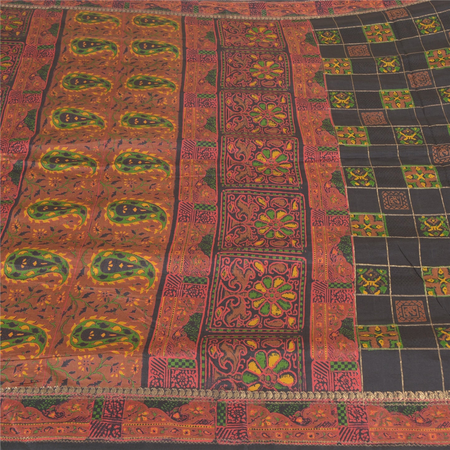 Sanskriti Vintage Black Heavy Indian Sarees Pure Silk Printed Woven Sari Fabric